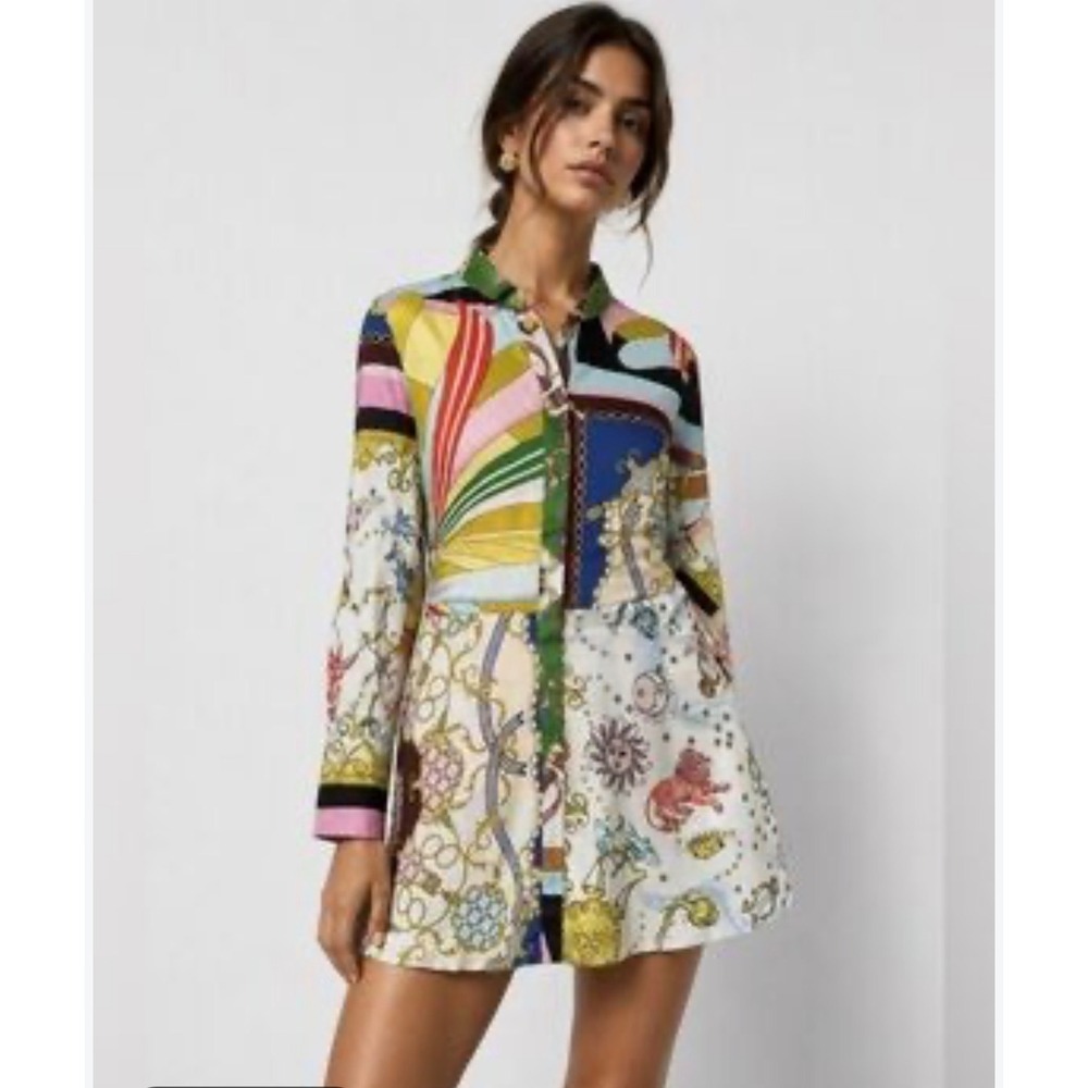 Zara Womens Scarf Zodiac Patchwork Mini Dress Multicolor Celestial Chain Small